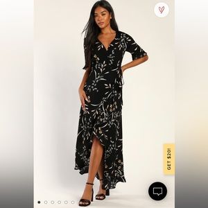 NWT. Lulus Wild Winds Black Floral Print High-Low Wrap Dress